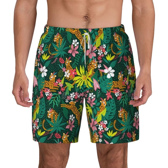 Lsque Mens Swim Trunks Cute Tribal Leopards Pattern - Bathing Suit Compression Liner - Beach Swim Shorts Swimwear - (S-3XL) - Stretch Quick Dry -Medium