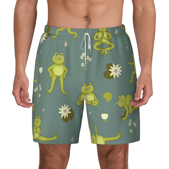 Lsque Mens Swim Trunks Cute Yoga Frogs Pattern - Bathing Suit Compression Liner - Beach Swim Shorts Swimwear - (S-3XL) - Stretch Quick Dry -Medium