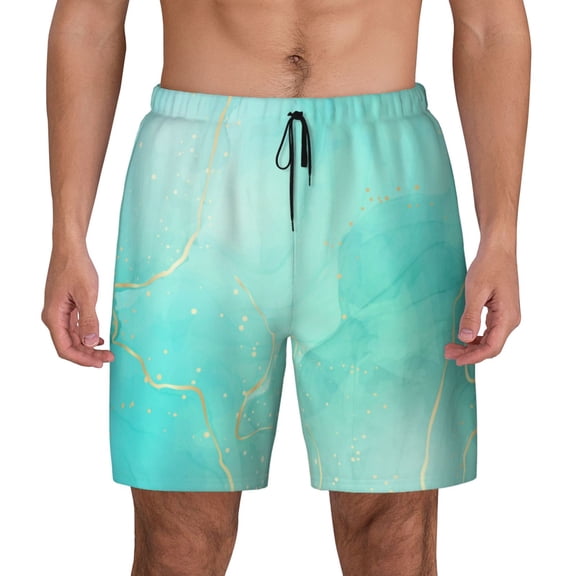 Lsque Mens Swim Trunks Cyan Mint Marble Pattern - Bathing Suit Compression Liner - Beach Swim Shorts Swimwear - (S-3XL) - Stretch Quick Dry -Small