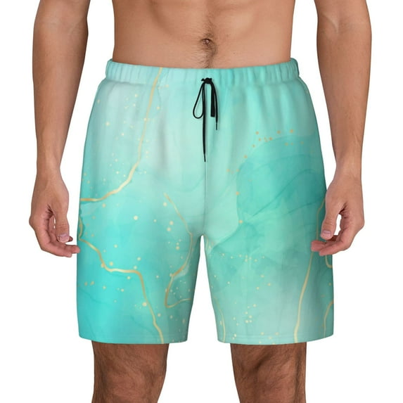 Lsque Mens Swim Trunks Cyan Mint Marble Pattern - Bathing Suit Compression Liner - Beach Swim Shorts Swimwear - (S-3XL) - Stretch Quick Dry -Small