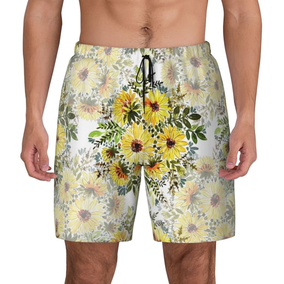 Lsque Mens Swim Trunks Daisies And Wildflowers Pattern - Bathing Suit Compression Liner - Beach Swim Shorts Swimwear - (S-3XL) - Stretch Quick Dry -Medium