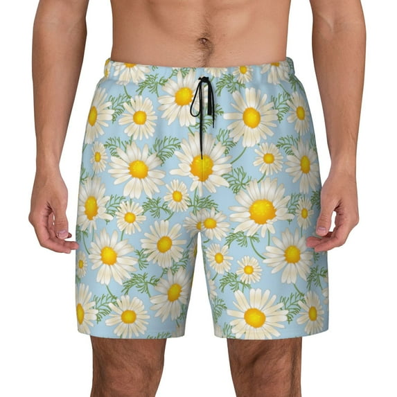 Lsque Mens Swim Trunks Daisies Flowers Pattern - Bathing Suit Compression Liner - Beach Swim Shorts Swimwear - (S-3XL) - Stretch Quick Dry -Large
