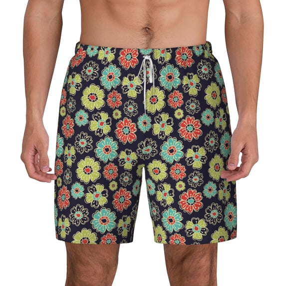 Lsque Mens Swim Trunks Daisies Flowers Pattern - Bathing Suit Compression Liner - Beach Swim Shorts Swimwear - (S-3XL) - Stretch Quick Dry -Large