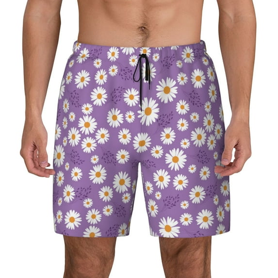Lsque Mens Swim Trunks Daisies Flowers Pattern - Bathing Suit Compression Liner - Beach Swim Shorts Swimwear - (S-3XL) - Stretch Quick Dry -Medium