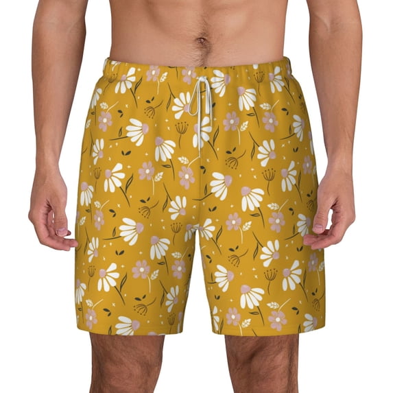 Lsque Mens Swim Trunks Daisies Flowers Pattern - Bathing Suit Compression Liner - Beach Swim Shorts Swimwear - (S-3XL) - Stretch Quick Dry -Medium