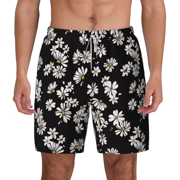 Lsque Mens Swim Trunks Daisies Flowers Pattern - Bathing Suit Compression Liner - Beach Swim Shorts Swimwear - (S-3XL) - Stretch Quick Dry -Medium