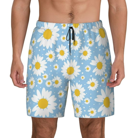 Lsque Mens Swim Trunks Daisies Flowers Pattern - Bathing Suit Compression Liner - Beach Swim Shorts Swimwear - (S-3XL) - Stretch Quick Dry -Small