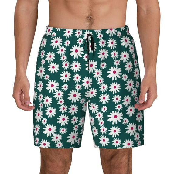 Lsque Mens Swim Trunks Daisies Flowers Pattern - Bathing Suit Compression Liner - Beach Swim Shorts Swimwear - (S-3XL) - Stretch Quick Dry -Small