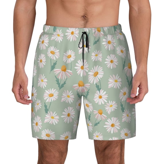 Lsque Mens Swim Trunks Daisies Flowers Pattern - Bathing Suit Compression Liner - Beach Swim Shorts Swimwear - (S-3XL) - Stretch Quick Dry -Small