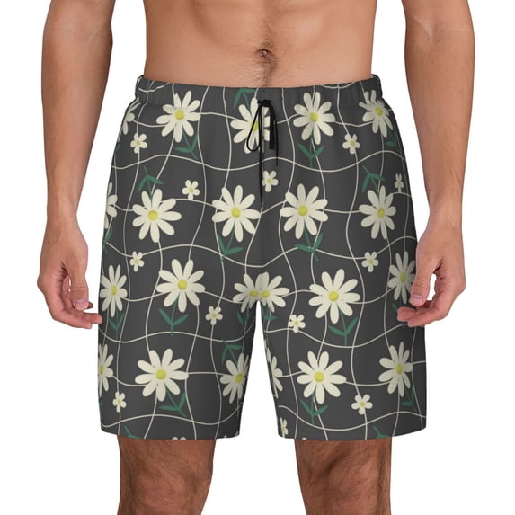 Lsque Mens Swim Trunks Daisies Flowers Pattern - Bathing Suit Compression Liner - Beach Swim Shorts Swimwear - (S-3XL) - Stretch Quick Dry -Small