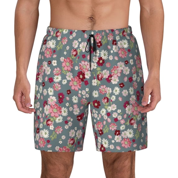 Lsque Mens Swim Trunks Daisies Flowers Pattern - Bathing Suit Compression Liner - Beach Swim Shorts Swimwear - (S-3XL) - Stretch Quick Dry -X-Large