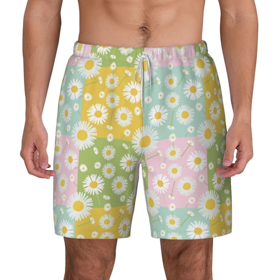 Lsque Mens Swim Trunks Daisies Flowers Pattern - Bathing Suit Compression Liner - Beach Swim Shorts Swimwear - (S-3XL) - Stretch Quick Dry -XX-Large