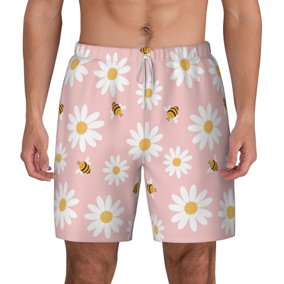 Lsque Mens Swim Trunks Daisy And Bee Pattern - Bathing Suit Compression Liner - Beach Swim Shorts Swimwear - (S-3XL) - Stretch Quick Dry -Medium