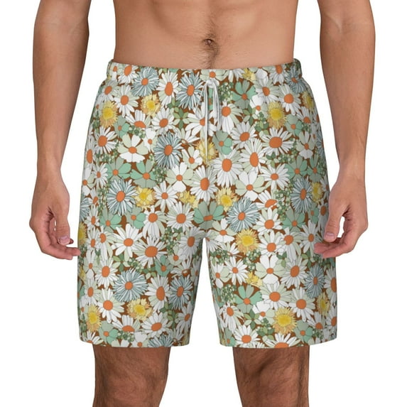 Lsque Mens Swim Trunks Daisy Pattern - Bathing Suit Compression Liner - Beach Swim Shorts Swimwear - (S-3XL) - Stretch Quick Dry -X-Large