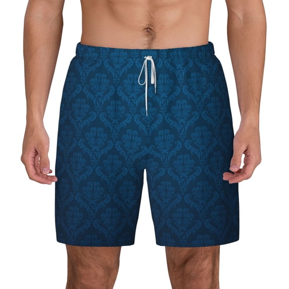 Lsque Mens Swim Trunks Dark Blue Pattern - Bathing Suit Compression Liner - Beach Swim Shorts Swimwear - (S-3XL) - Stretch Quick Dry -Large