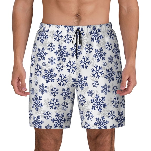 Lsque Mens Swim Trunks Dark Blue Snowflakes Pattern - Bathing Suit Compression Liner - Beach Swim Shorts Swimwear - (S-3XL) - Stretch Quick Dry -Large