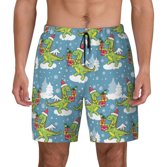 Lsque Mens Swim Trunks Dino Christmas Adventure Snowy Blue Pattern - Bathing Suit Compression Liner - Beach Swim Shorts Swimwear - (S-3XL) - Stretch Quick Dry -