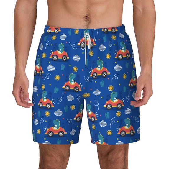 Lsque Mens Swim Trunks Dinosaur Driving Pattern - Bathing Suit Compression Liner - Beach Swim Shorts Swimwear - (S-3XL) - Stretch Quick Dry -XX-Large