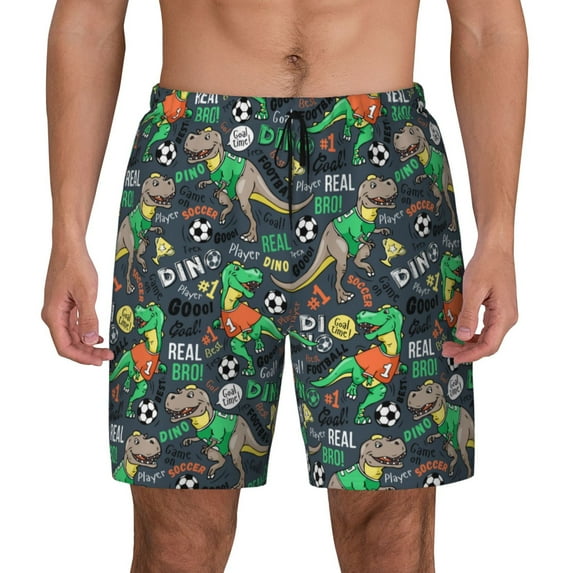 Lsque Mens Swim Trunks Dinosaur Plays Soccer Pattern - Bathing Suit Compression Liner - Beach Swim Shorts Swimwear - (S-3XL) - Stretch Quick Dry -Medium
