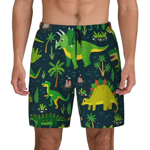Lsque Mens Swim Trunks Dinosaurs and Flowers Pattern - Bathing Suit Compression Liner - Beach Swim Shorts Swimwear - (S-3XL) - Stretch Quick Dry -Medium