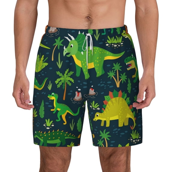 Lsque Mens Swim Trunks Dinosaurs and Flowers Pattern - Bathing Suit Compression Liner - Beach Swim Shorts Swimwear - (S-3XL) - Stretch Quick Dry -Medium