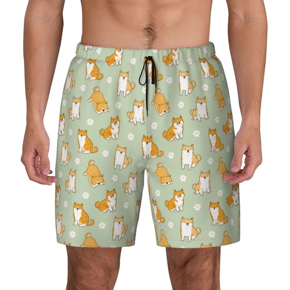 Lsque Mens Swim Trunks Dog And Flower Pattern - Bathing Suit Compression Liner - Beach Swim Shorts Swimwear - (S-3XL) - Stretch Quick Dry -Medium