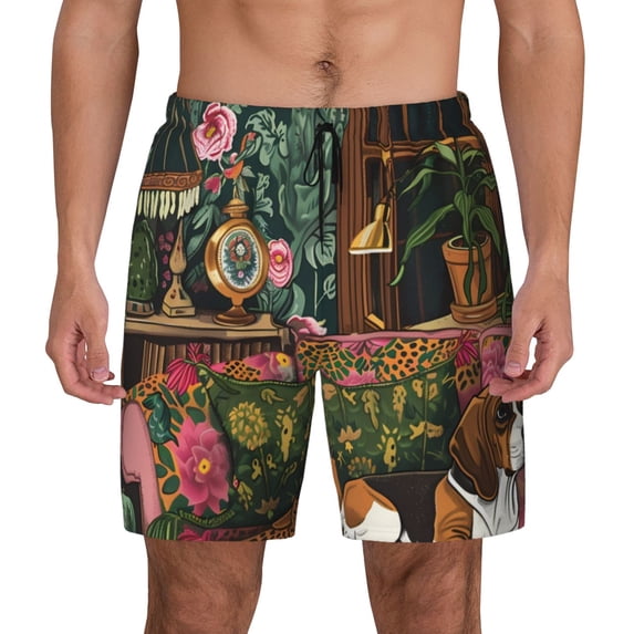 Lsque Mens Swim Trunks Dog On Floral Couch Pattern - Bathing Suit Compression Liner - Beach Swim Shorts Swimwear - (S-3XL) - Stretch Quick Dry -