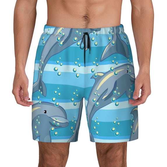 Lsque Mens Swim Trunks Dolphin Pattern - Bathing Suit Compression Liner - Beach Swim Shorts Swimwear - (S-3XL) - Stretch Quick Dry -Medium