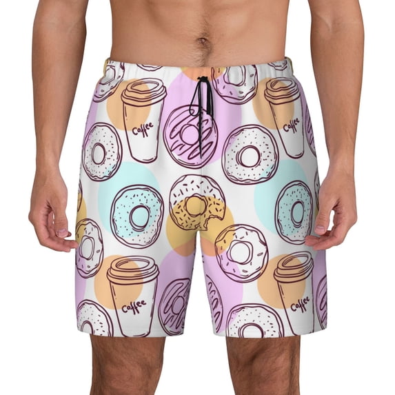Lsque Mens Swim Trunks Donuts and Coffee Pattern - Bathing Suit Compression Liner - Beach Swim Shorts Swimwear - (S-3XL) - Stretch Quick Dry -3X-Large