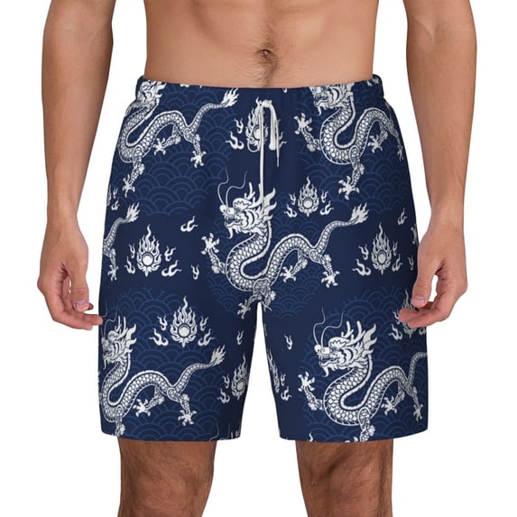 Lsque Mens Swim Trunks Dragon Pattern - Bathing Suit Compression Liner - Beach Swim Shorts Swimwear - (S-3XL) - Stretch Quick Dry -Large