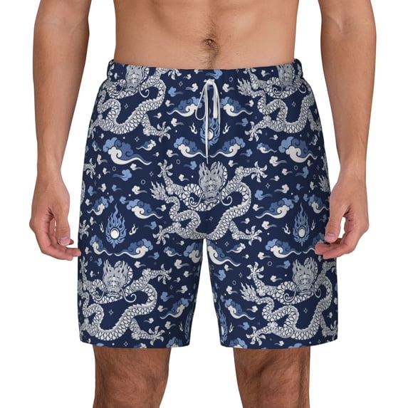 Lsque Mens Swim Trunks Dragon Pattern - Bathing Suit Compression Liner - Beach Swim Shorts Swimwear - (S-3XL) - Stretch Quick Dry -X-Large