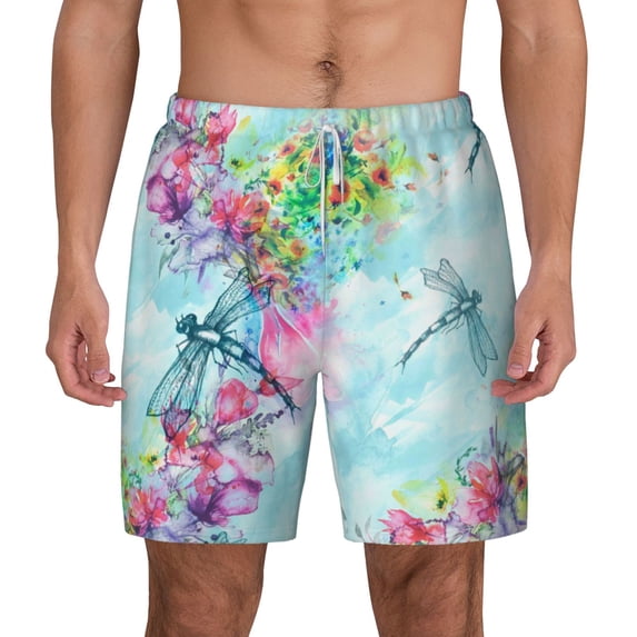Lsque Mens Swim Trunks Dragonfly Floral Pattern - Bathing Suit Compression Liner - Beach Swim Shorts Swimwear - (S-3XL) - Stretch Quick Dry -XX-Large