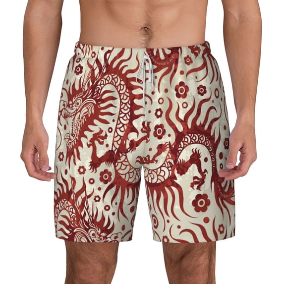 Lsque Mens Swim Trunks Dragons1 Pattern - Bathing Suit Compression Liner - Beach Swim Shorts Swimwear - (S-3XL) - Stretch Quick Dry -Large