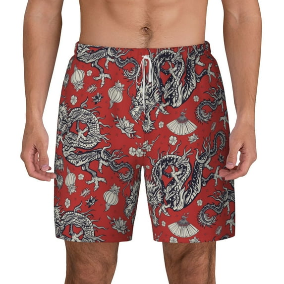 Lsque Mens Swim Trunks Dragons2 Pattern - Bathing Suit Compression Liner - Beach Swim Shorts Swimwear - (S-3XL) - Stretch Quick Dry -3X-Large