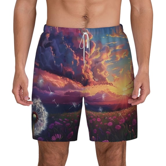 Lsque Mens Swim Trunks Dreamy Dandelion Sunset Pattern - Bathing Suit Compression Liner - Beach Swim Shorts Swimwear - (S-3XL) - Stretch Quick Dry -XX-Large
