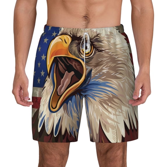 Lsque Mens Swim Trunks Eagle With USA Flags Pattern - Bathing Suit Compression Liner - Beach Swim Shorts Swimwear - (S-3XL) - Stretch Quick Dry -Small