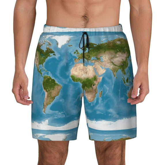 Lsque Mens Swim Trunks Earth View World Map Pattern - Bathing Suit Compression Liner - Beach Swim Shorts Swimwear - (S-3XL) - Stretch Quick Dry -Small
