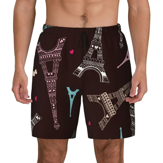 Lsque Mens Swim Trunks Eiffel Tower Pattern - Bathing Suit Compression Liner - Beach Swim Shorts Swimwear - (S-3XL) - Stretch Quick Dry -Small