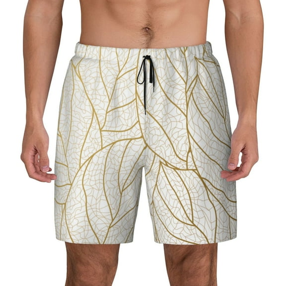 Lsque Mens Swim Trunks Elegant Gold Leaf Pattern Pattern - Bathing Suit Compression Liner - Beach Swim Shorts Swimwear - (S-3XL) - Stretch Quick Dry -Small