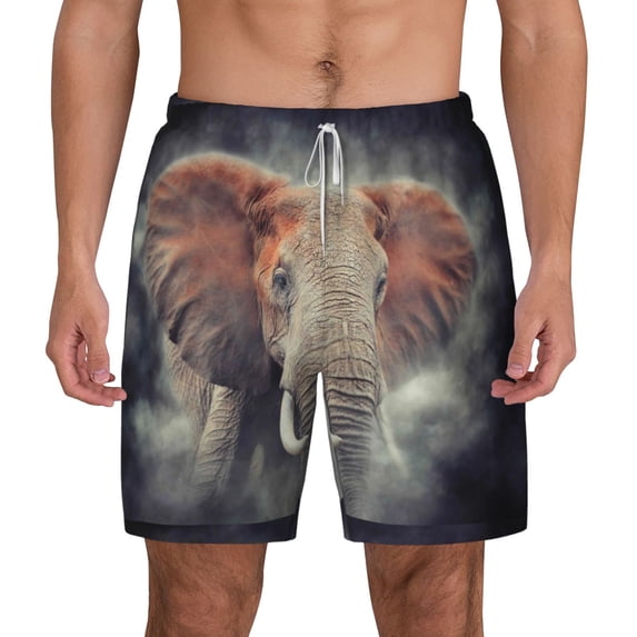Lsque Mens Swim Trunks Elephant in Smoke Pattern - Bathing Suit Compression Liner - Beach Swim Shorts Swimwear - (S-3XL) - Stretch Quick Dry -XX-Large