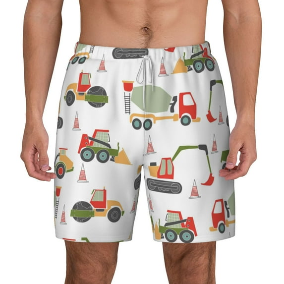 Lsque Mens Swim Trunks Excavator Pattern - Bathing Suit Compression Liner - Beach Swim Shorts Swimwear - (S-3XL) - Stretch Quick Dry -Medium