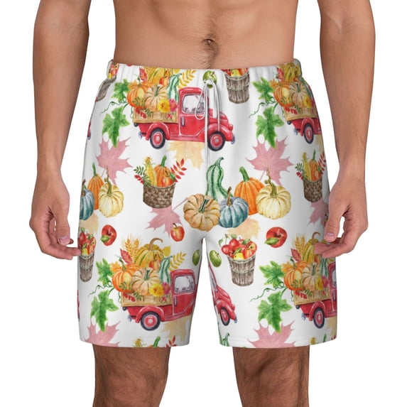 Lsque Mens Swim Trunks Fall harvest truck pumpkin Pattern - Bathing Suit Compression Liner - Beach Swim Shorts Swimwear - (S-3XL) - Stretch Quick Dry -Small