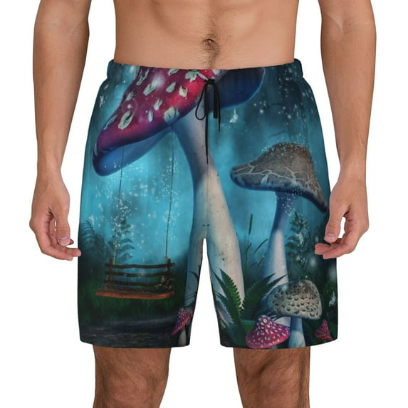 Lsque Mens Swim Trunks Fantasy Mushrooms Pattern - Bathing Suit Compression Liner - Beach Swim Shorts Swimwear - (S-3XL) - Stretch Quick Dry -Large
