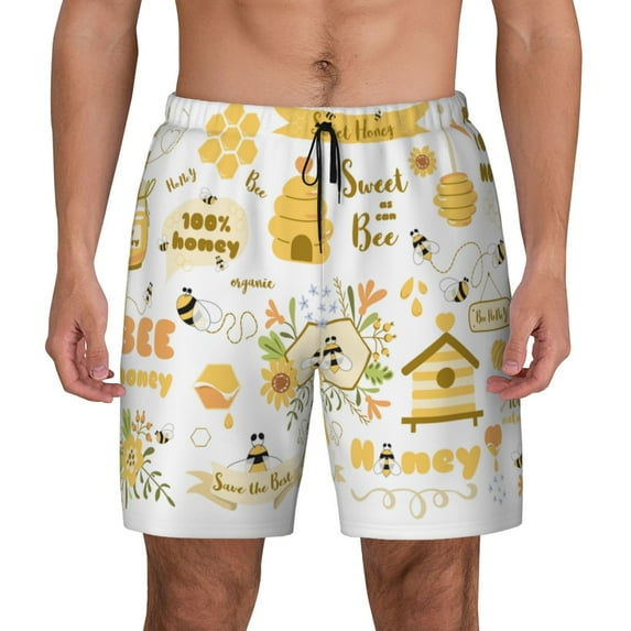 Lsque Mens Swim Trunks Farm Bee Cute Honey Pattern - Bathing Suit Compression Liner - Beach Swim Shorts Swimwear - (S-3XL) - Stretch Quick Dry -Medium