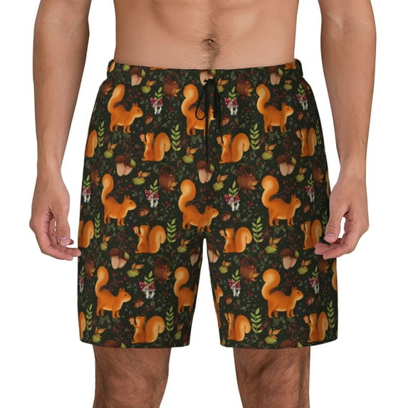 Lsque Mens Swim Trunks Festive Squirrels Dark Forest Pattern - Bathing Suit Compression Liner - Beach Swim Shorts Swimwear - (S-3XL) - Stretch Quick Dry -Small