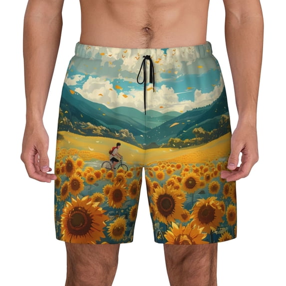 Lsque Mens Swim Trunks Field Style Bicycle Young Sunflower Pattern - Bathing Suit Compression Liner - Beach Swim Shorts Swimwear - (S-3XL) - Stretch Quick Dry -3X-Large