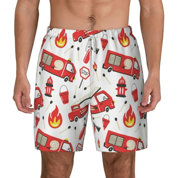 Lsque Mens Swim Trunks Fire Truck Pattern - Bathing Suit Compression Liner - Beach Swim Shorts Swimwear - (S-3XL) - Stretch Quick Dry -XX-Large