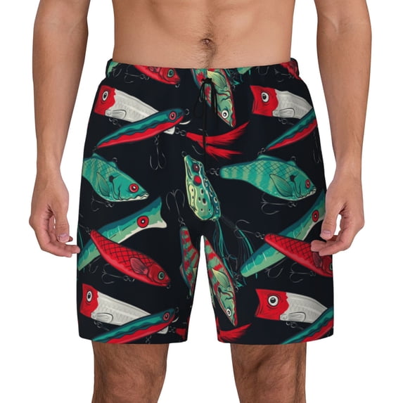 Lsque Mens Swim Trunks Fishing Lure Pattern - Bathing Suit Compression Liner - Beach Swim Shorts Swimwear - (S-3XL) - Stretch Quick Dry -Large