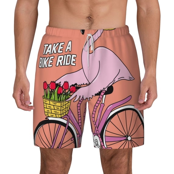 Lsque Mens Swim Trunks Flamingo Riding a Bicycle Pattern - Bathing Suit Compression Liner - Beach Swim Shorts Swimwear - (S-3XL) - Stretch Quick Dry -X-Large