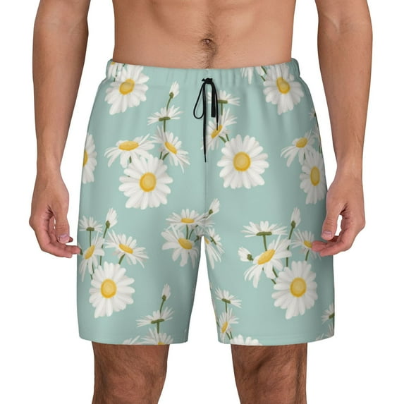 Lsque Mens Swim Trunks Floral Daisy Pattern - Bathing Suit Compression Liner - Beach Swim Shorts Swimwear - (S-3XL) - Stretch Quick Dry -Medium